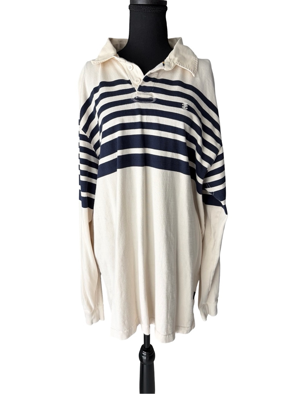 Izod Cream & Navy Striped V-Neck Rugby Shirt
